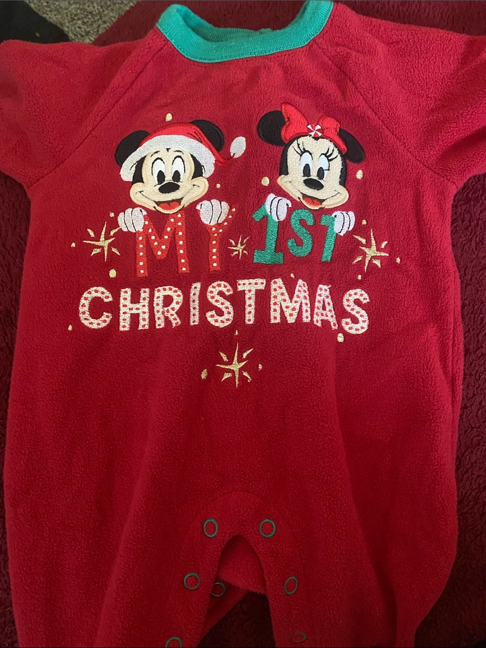 Disney Red 'My 1st Christmas' Minnie & Mickey Footie with Green Trim